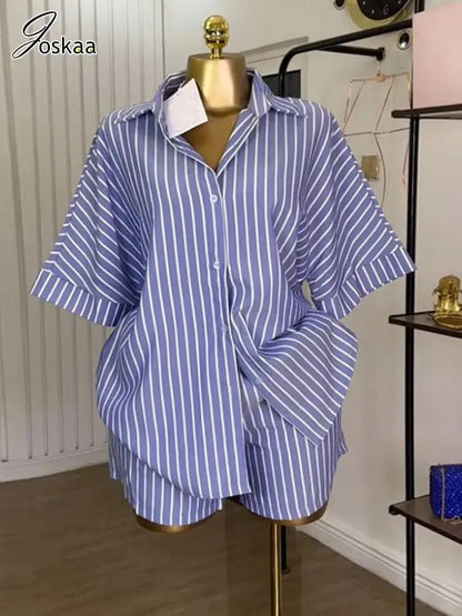 Women's Stripe Short Sleeve Two Piece Set Blue – Front View