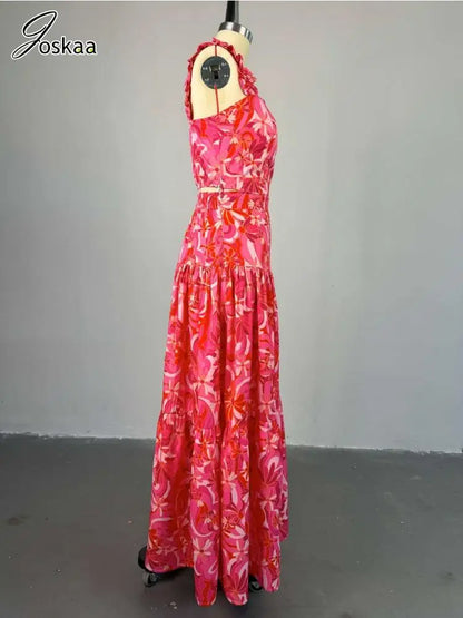 Women's Floral Print Crop High Waist Two Piece Set Red – Side View