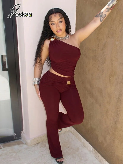 Women's Ruched One Shoulder Wide Leg Two Piece Set - Side View