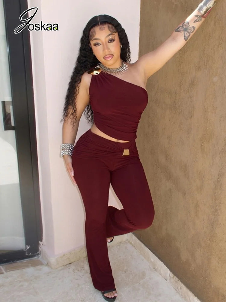 Women's Ruched One Shoulder Wide Leg Two Piece Set - Side View