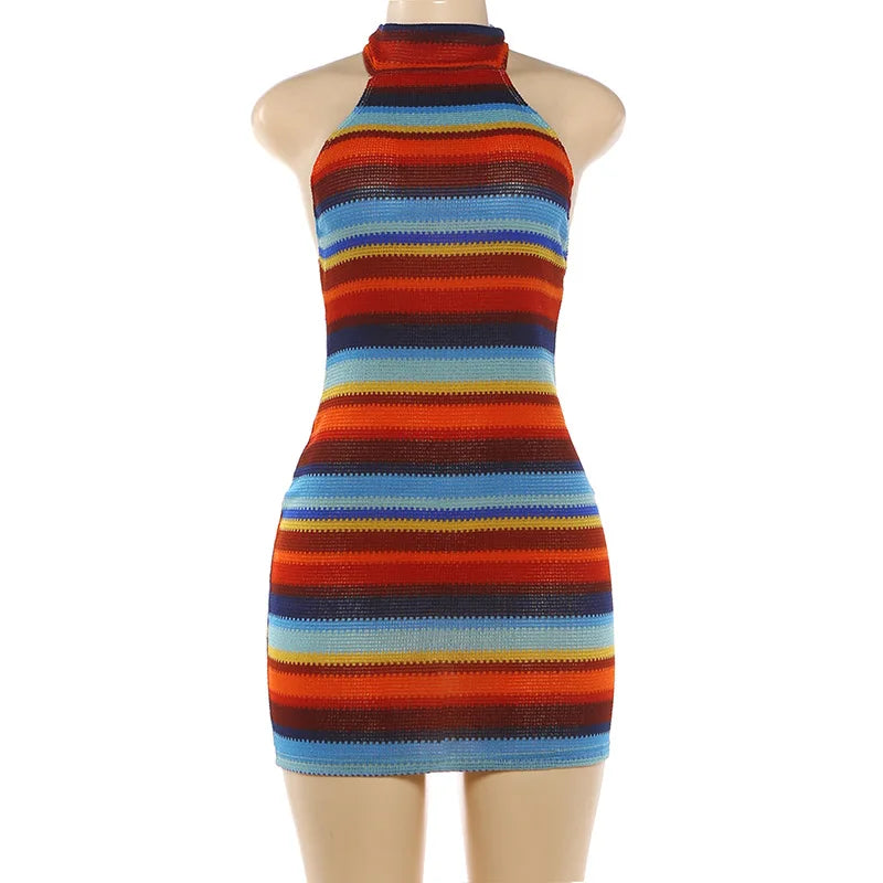 Women's Striped Ribbed Knit Halter Sleeveless Mini Dress - Back View