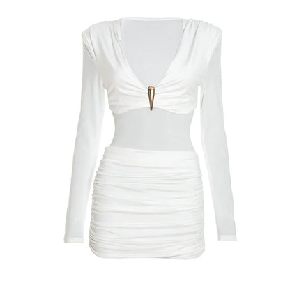 Women's Ruched V-neck Long Sleeve Bodycon Mini Dress - Additional View 7