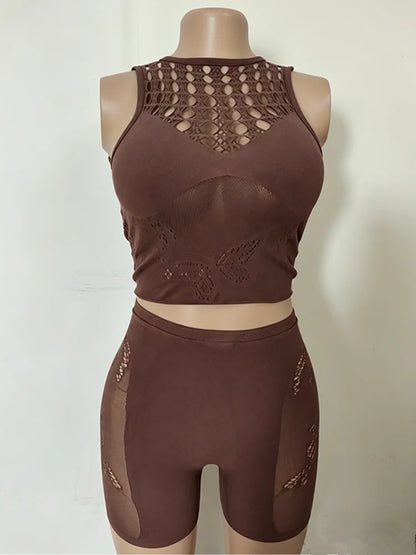Women's Mesh Cutout Two Piece Set Print Hollow - Detail View 9
