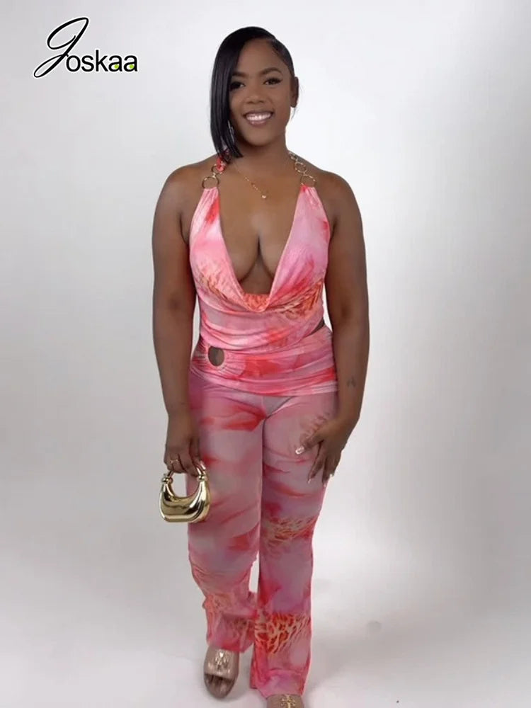 Women's Mesh Backless Cutout Halter Romper Pink – Side View