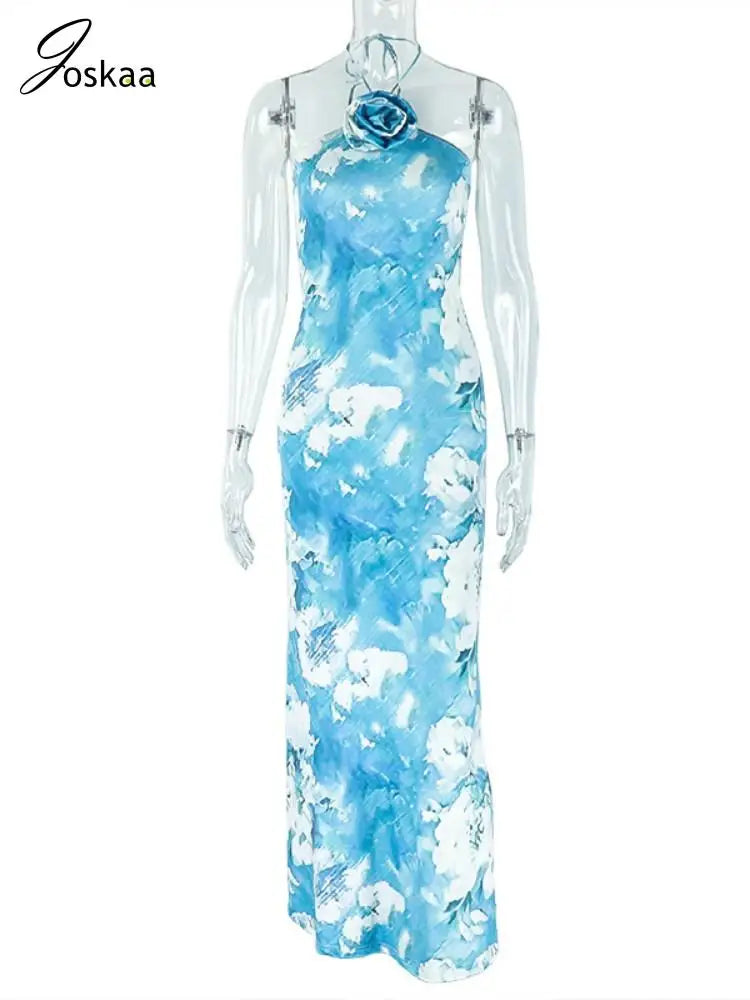 Women's Floral Print Backless Halter Maxi Dress Green – Back View