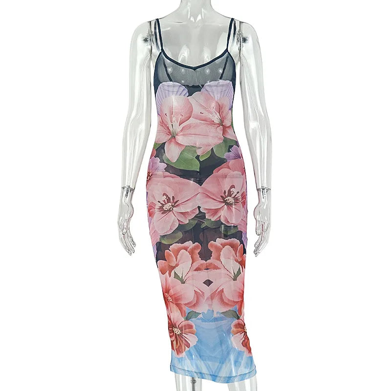 Women's Floral Print Mesh Sleeveless Maxi Dress
