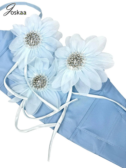 Wholesale Women's Floral Print Crop Two Piece Set Sky Blue – Detail View
