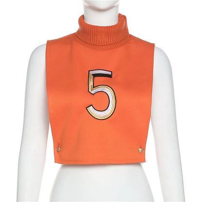 Women's Cutout Sleeveless Orange Turtleneck Pullover Top
