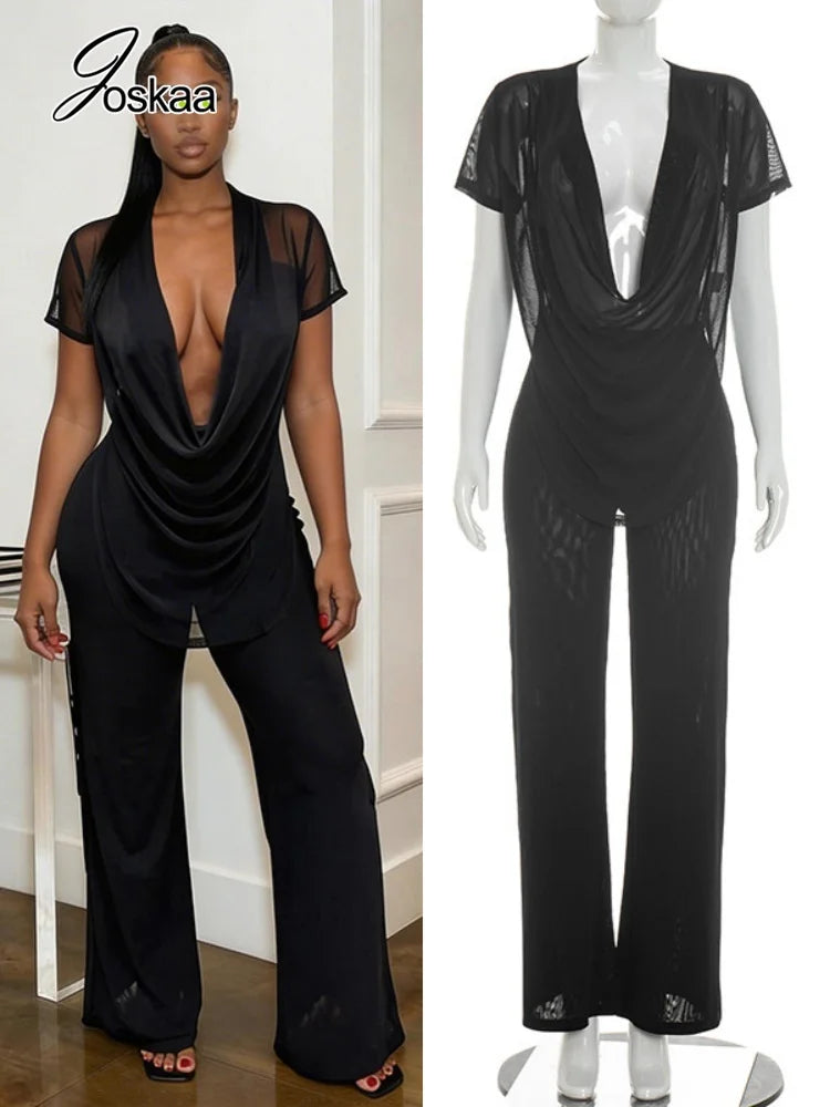 Women's Mesh Flare Deep V-neck Two Piece Set – Women's Fashion Wholesale – Front View