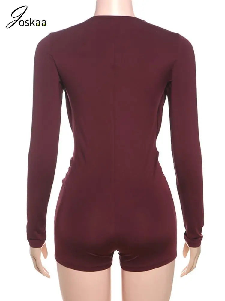 Women's Long Sleeve Bodycon Metal Buckle Decorate Romper Dark Purple – Detail View