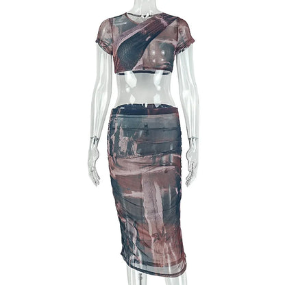 Women's Mesh Ruched Short Sleeve Two Piece Set