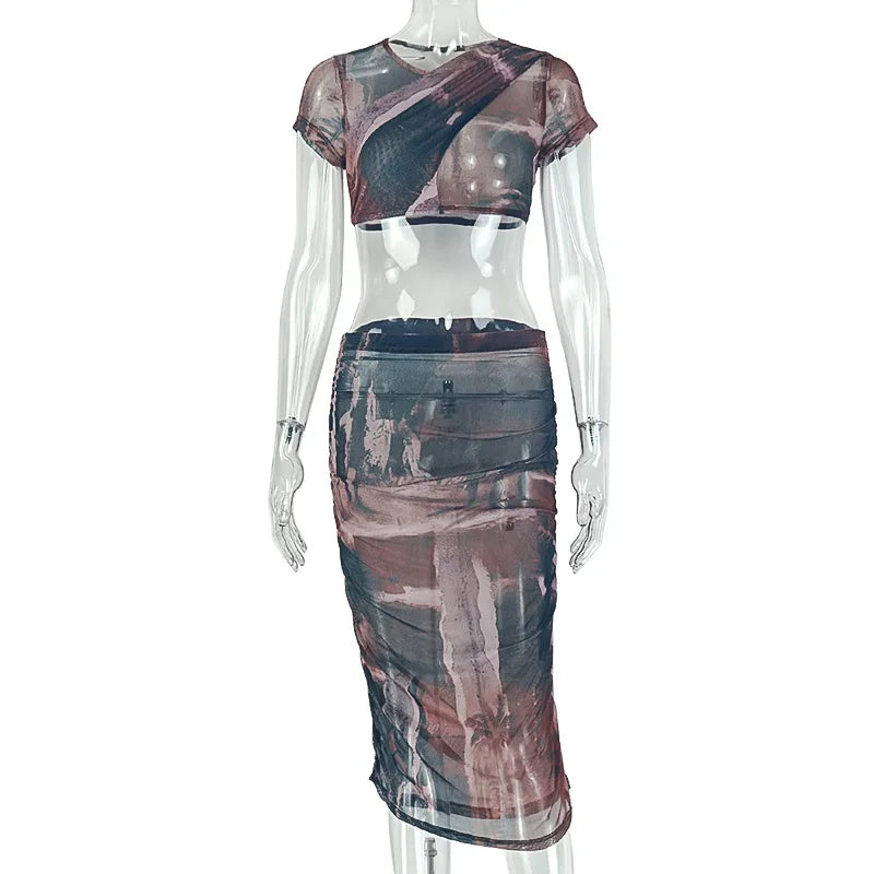 Women's Mesh Ruched Short Sleeve Two Piece Set