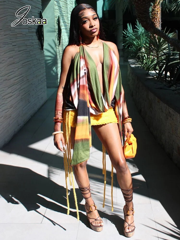 Women's Striped Backless Halter Sleeveless Top - Side View