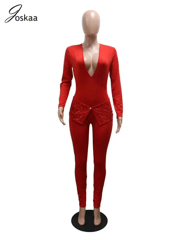 Women's Rhinestone Long Sleeve Bodycon Romper Black – Side View