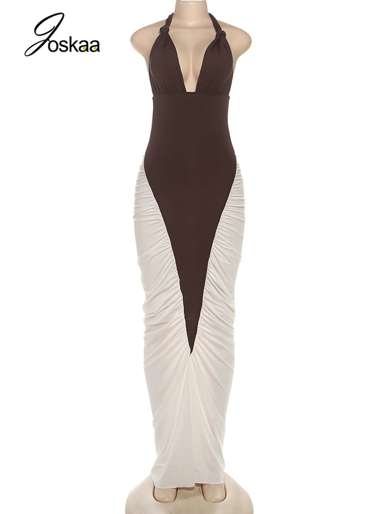 Women's Ruched Backless Halter Bodycon Dress Brown – Back View