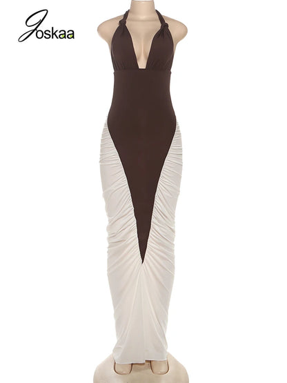 Women's Ruched Backless Halter Bodycon Dress Brown – Back View