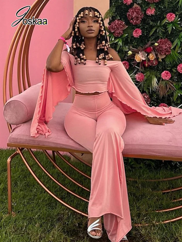 Women's Ruched Long Sleeve High Waist Wide Leg Two Piece Set - Front View