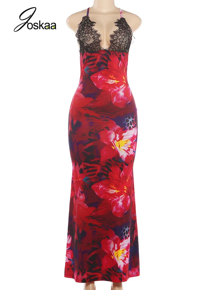 Women's Floral Print Lace Backless Maxi Dress Red – Back View