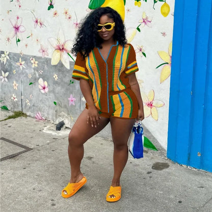 Women's Stripe Knit Short Sleeve Two Piece Set