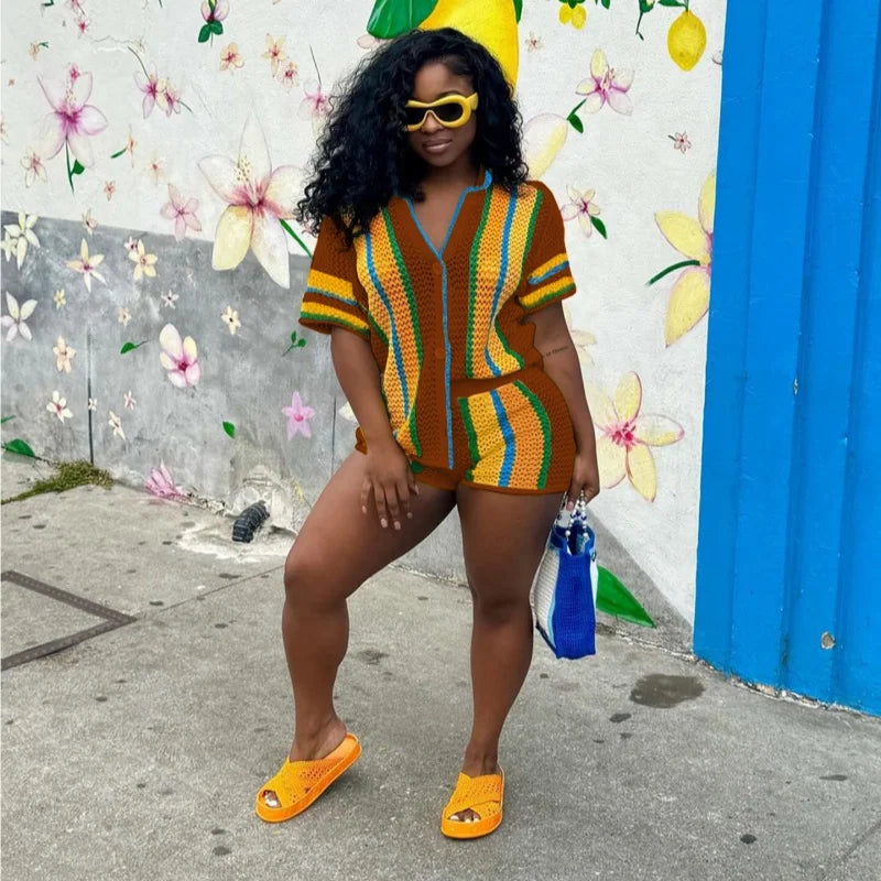 Women's Stripe Knit Short Sleeve Two Piece Set