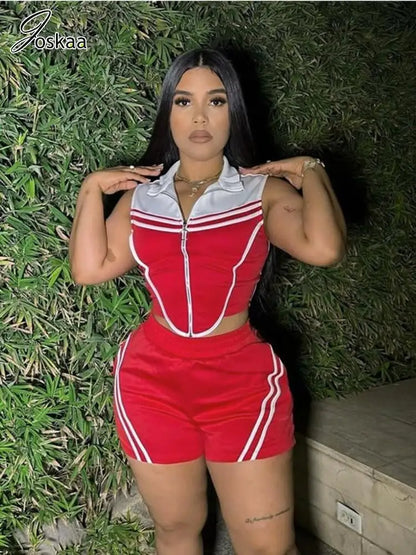 Wholesale Women's Sleeveless Zip Two Piece Set Red – Front View