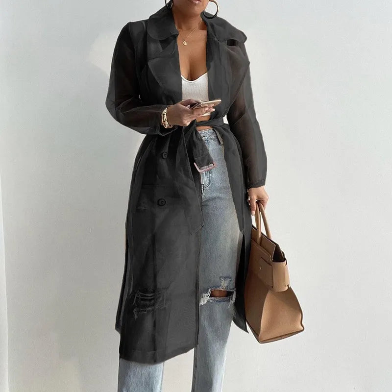 Women's Long Sleeve Solid Organza Lapel Jacket