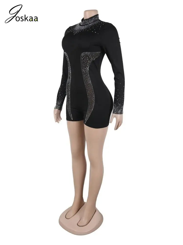 Women's Rhinestone Mesh Long Sleeve Romper Black – Back View