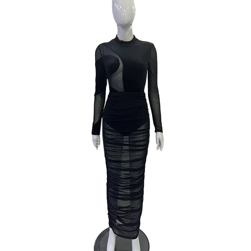 Women's Mesh Velvet Long Sleeve Two Piece Set