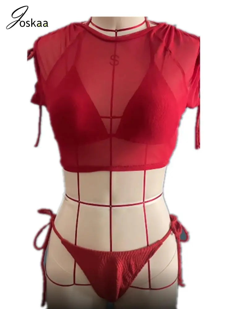 Women's Mesh Halter Short Sleeve Bikini Set Red – Detail View