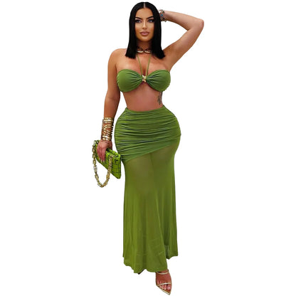 Women's Ruched Halter Crop Two Piece Set