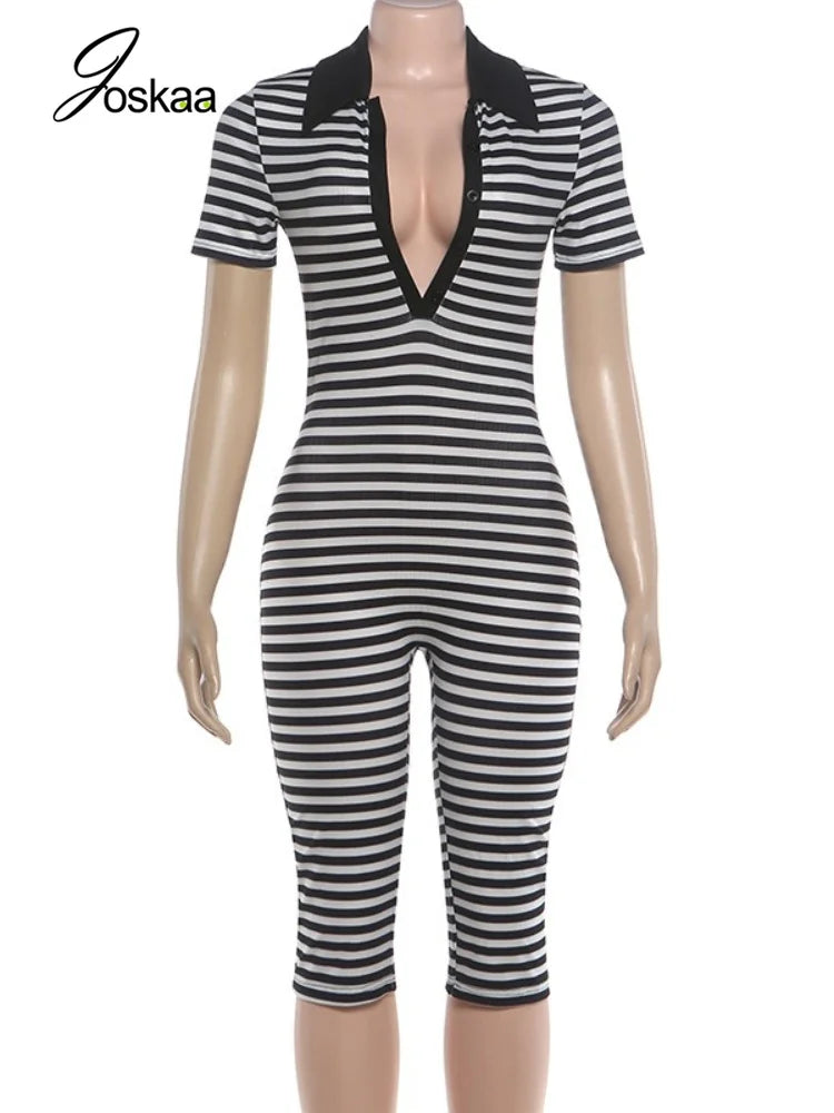 Women's Striped V-neck Bodycon Romper - Back View