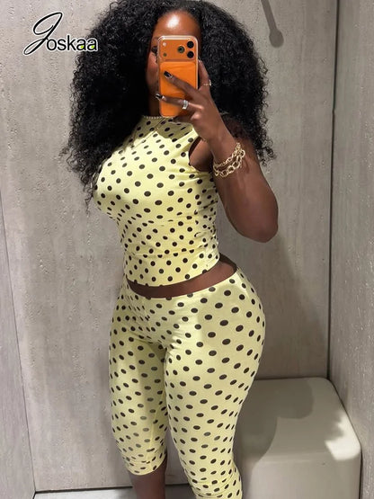Women's Polka Dot Sleeveless Crop Two Piece Set Yellow – Side View