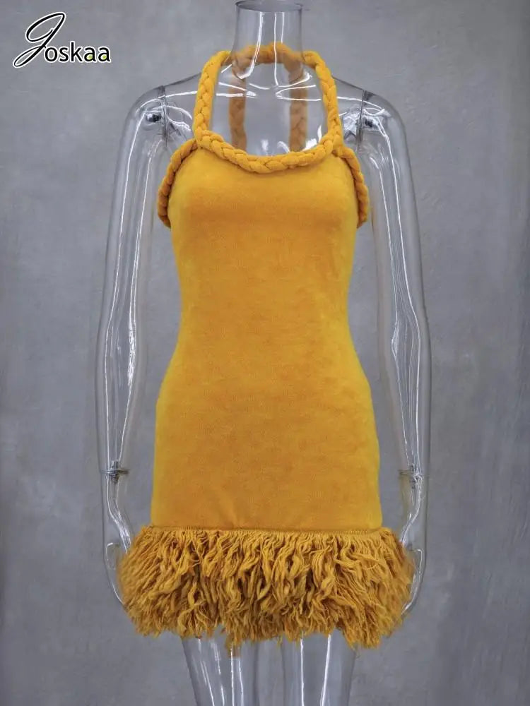 Women's Halter Bodycon Elegant Fluff Patchwork Mini Dress Sunflower – Back View