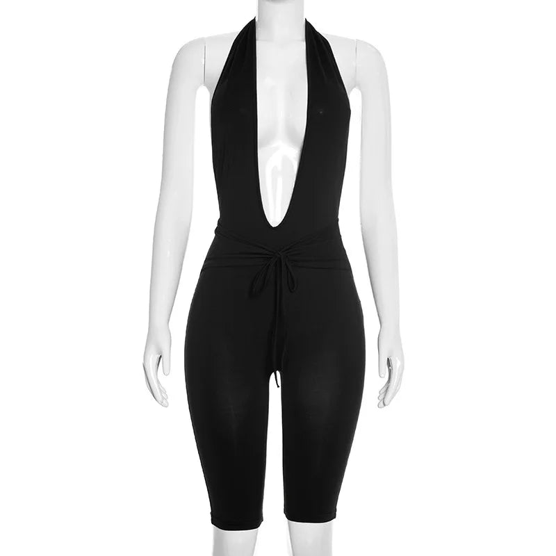 Women's Ruched Backless Halter Sleeveless Romper