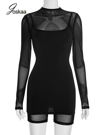 Women's Mesh Long Sleeve Mini Two Piece Set Black – Back View