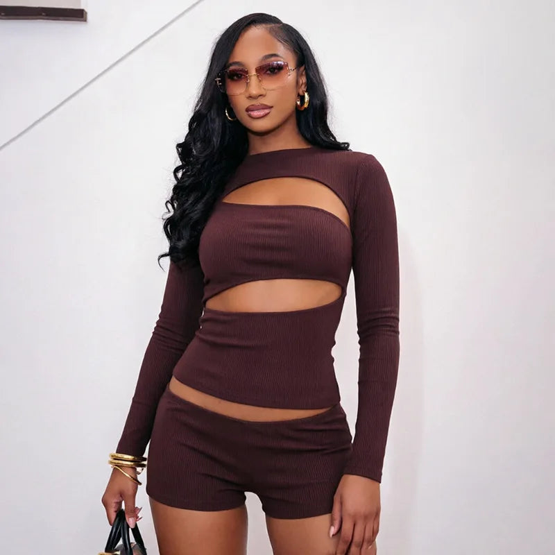 Women's Ribbed Knit Cutout Long Sleeve Bodycon Two Piece Set - Additional View 10