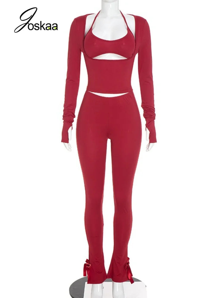 Women's Halter Strapless Long Sleeve Wide Leg Two Piece Set - Back View