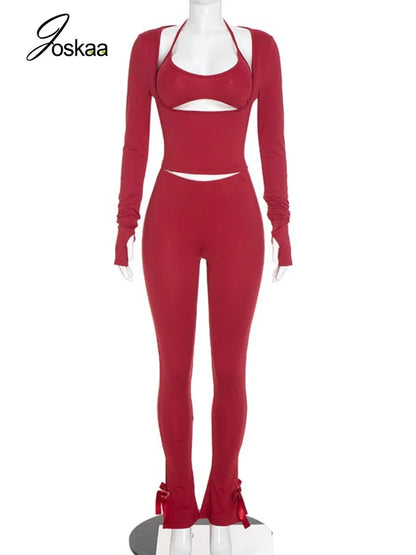 Women's Halter Strapless Long Sleeve Wide Leg Two Piece Set - Back View