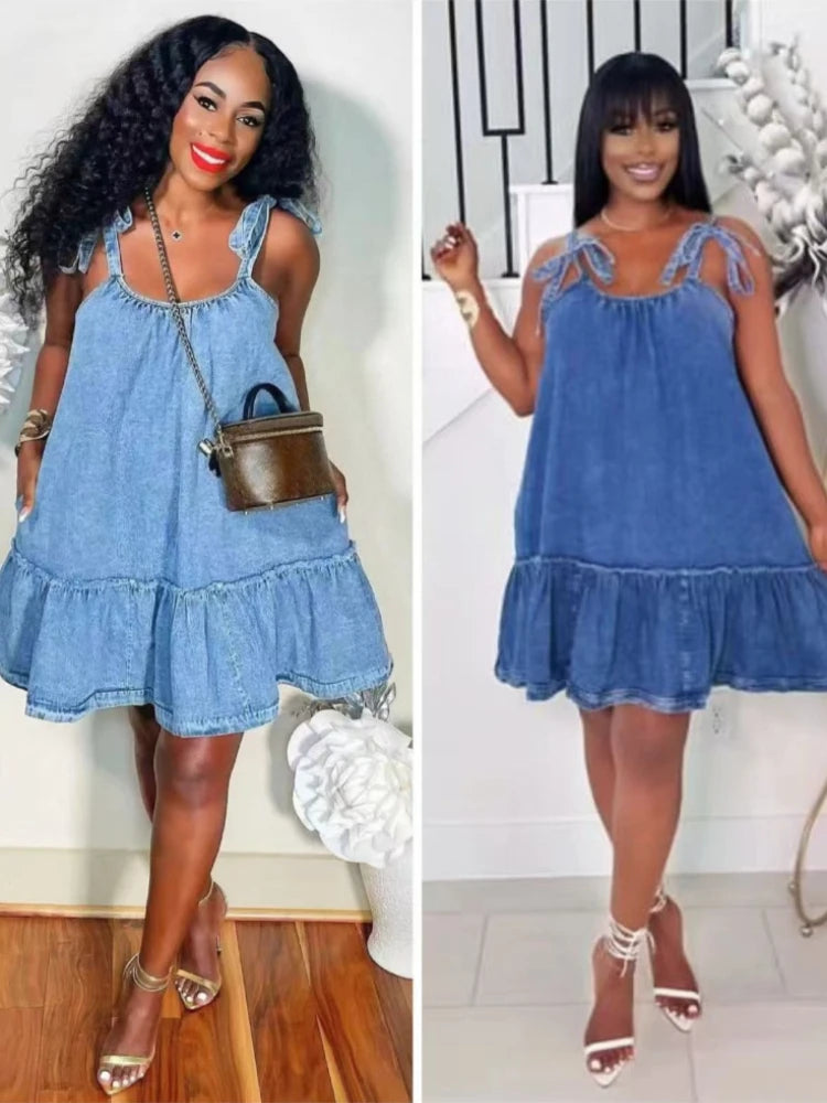 Women's Denim Print Sleeveless Mini Dress - Additional View 8