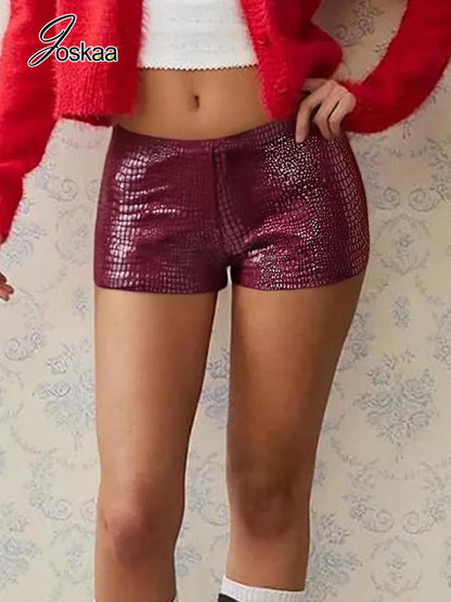 Women's Faux Leather Bodycon Stretchy Shorts Low Pants Red – Front View