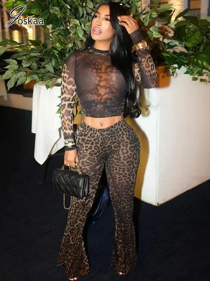 Women's Leopard Print Long Sleeve Two Piece Set – Women's Fashion Wholesale – Front View