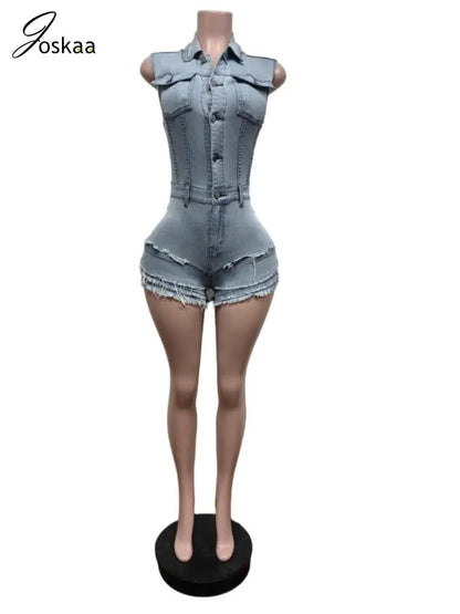 Wholesale Women's Denim Sleeveless Bodycon Romper Light Blue – Side View