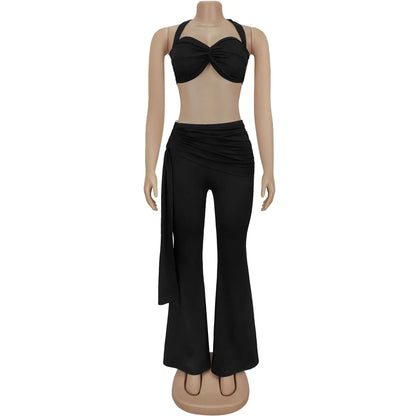 Women's Ruched Backless Halter Two Piece Set