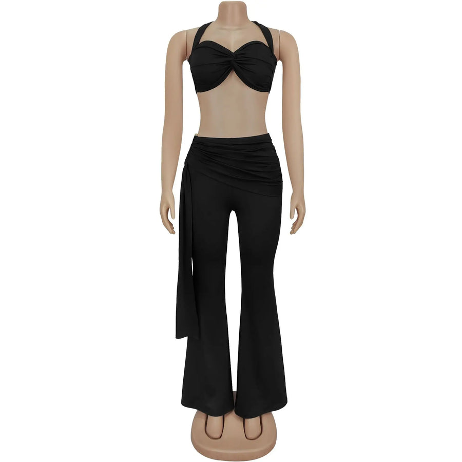 Women's Ruched Backless Halter Two Piece Set