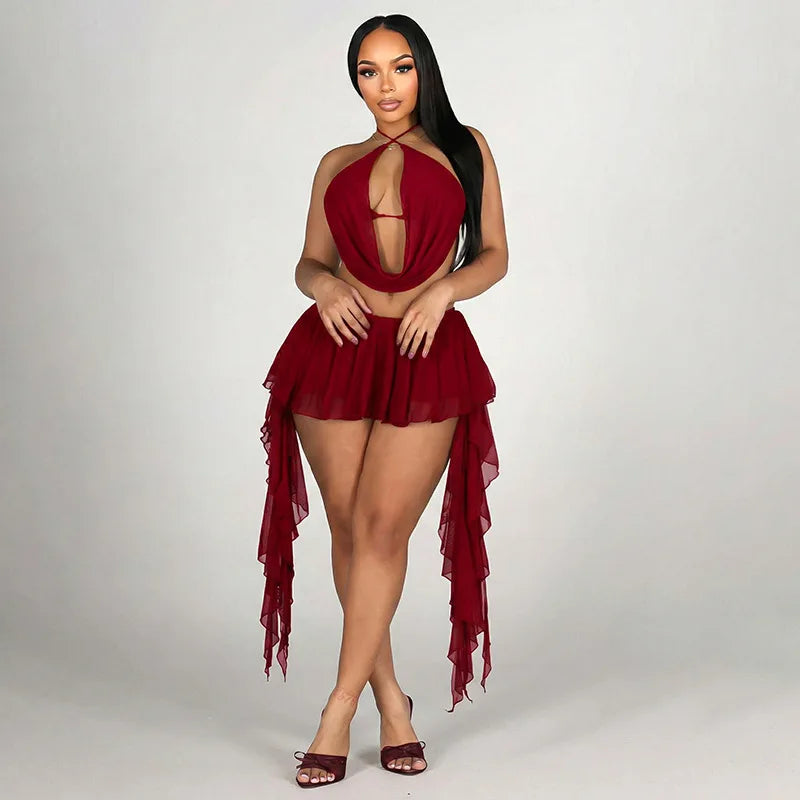 Women's Mesh Backless Halter Two Piece Set