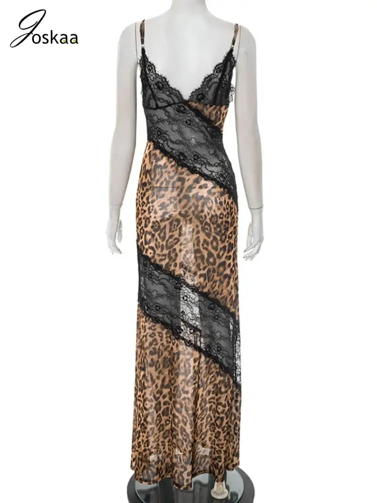 Women's Leopard Print Lace Bodycon Maxi Dress Leopard Print – Detail View