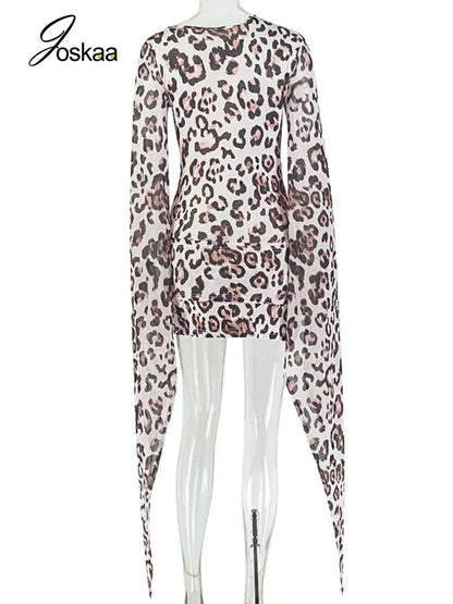 Women's Leopard Print Mesh Bodycon Wide Leg Mini Dress - Detail View
