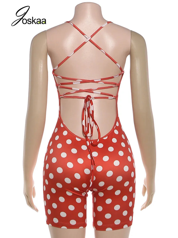 Women's Polka Dot Backless Bodycon Romper Red – Detail View
