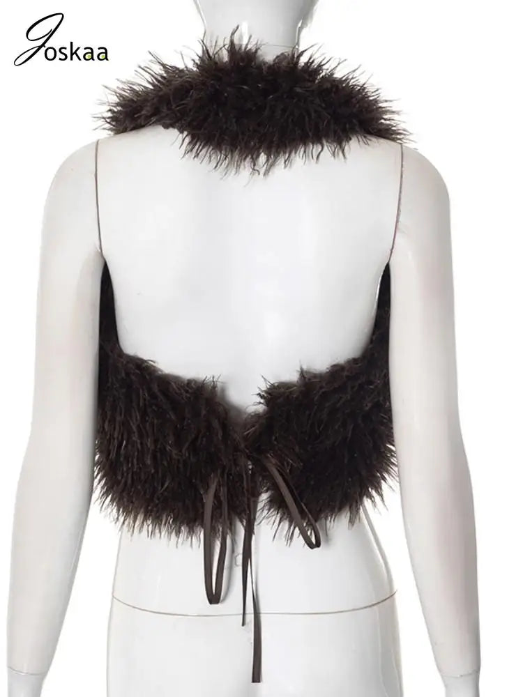 Women's Backless Halter Crop Faux Fur Waistcoat Jacket Brown – Detail View