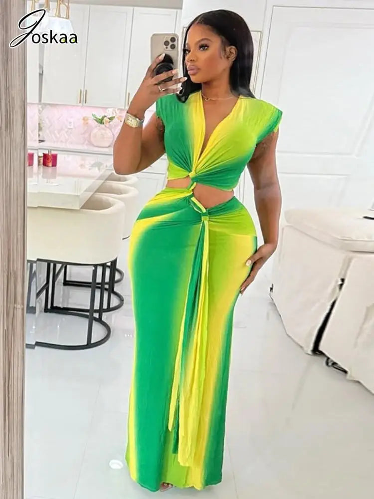 Women's Ruched Cutout Bodycon Maxi Dress Yellow Green – Front View